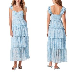 NEW ASTR The Label BLUE Chiffon MIDSUMMER Floral TIERED Ruffle MIDI Slit DRESS M